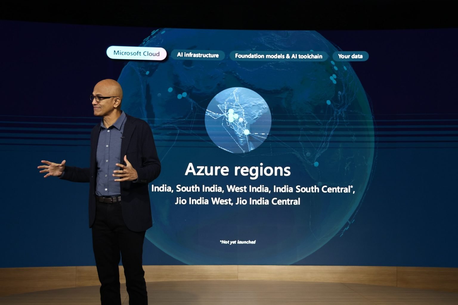 Microsoft Chairman and CEO Satya Nadella on stage at the CEO Connection event in Mumbai. With its fourth data center region launching soon and expanded facilities with Reliance Jio, Microsoft leads in data center presence across India.